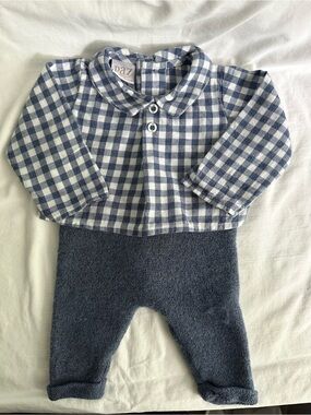 Paz Rodriguez Baby Romper 1M Blue Gingham Wool Cotton Made in Spain